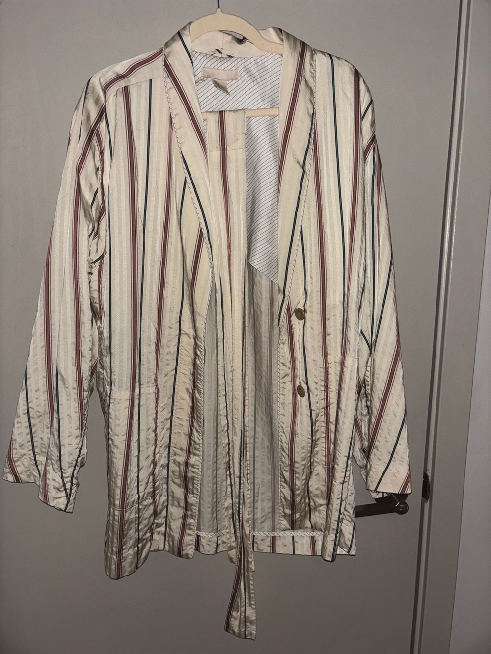 H&M Striped Lightweight Duster Jacket in Cream with Red & Navy Stripes